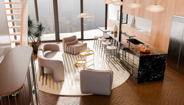 Modern open-plan kitchen and lounge with sleek furniture and a large window view.