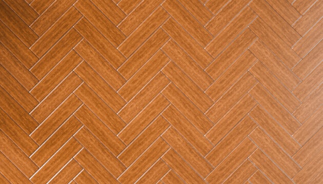 Herringbone patterned wooden floor with a warm, rich brown tone and smooth finish.