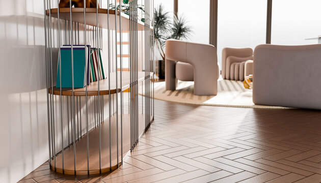 Modern living room with stylish furniture and wooden flooring, illuminated by natural light.