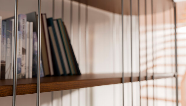 Books neatly arranged on a wooden shelf with a minimalist metal frame design.