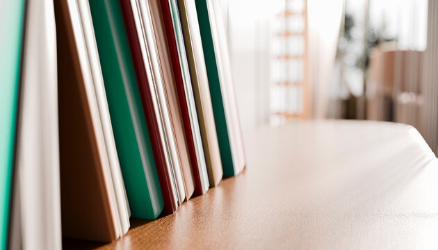 Books neatly arranged on a wooden table with soft natural lighting in the background.