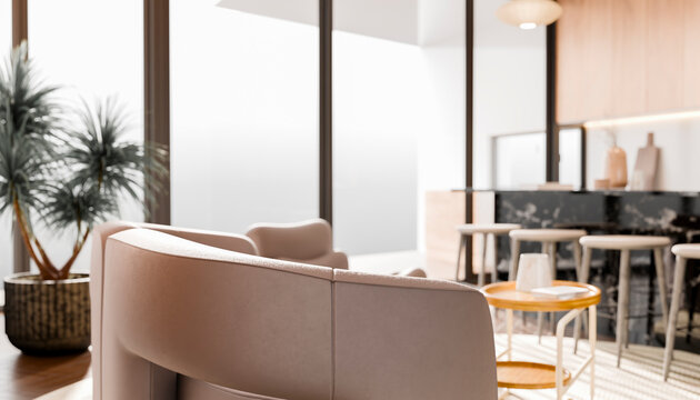 Modern living room with sleek furniture, bar stools, and large windows, creating a cozy ambiance.