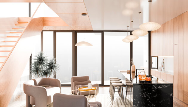 Modern interior with wooden staircase, cozy seating, and sleek kitchen with pendant lights.