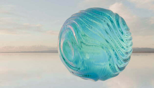 A swirling, translucent blue-green sphere floats above a serene water landscape at sunset.