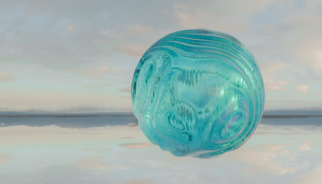 A translucent turquoise sphere floats over a reflective water surface under a cloudy sky.