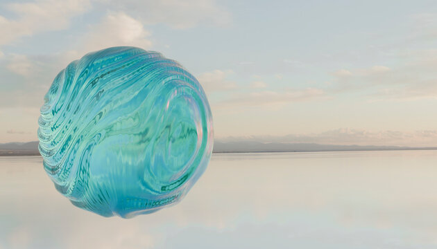 A textured glass sphere floats against a serene sky and calm water backdrop at dawn.