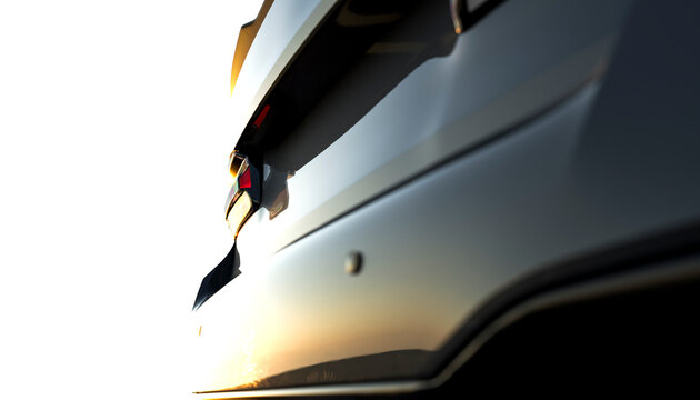 Close-up of a sleek, reflective car exterior with sunset reflection.