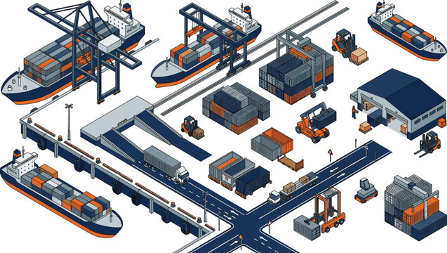Isometric Container Port Logistics and Cargo Shipping Operations with Freight Transport Warehouse and Supply Chain Infrastructure
