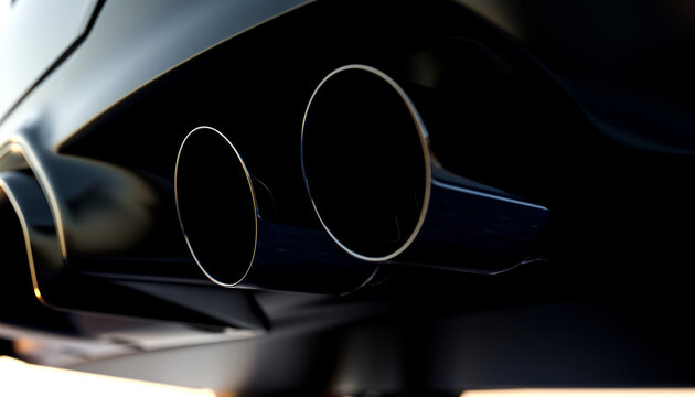 Close-up of two shiny exhaust pipes on a sleek black car, showing detailed reflections.