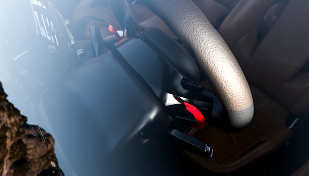 Close-up of a car interior focused on a steering wheel and seatbelt buckle.