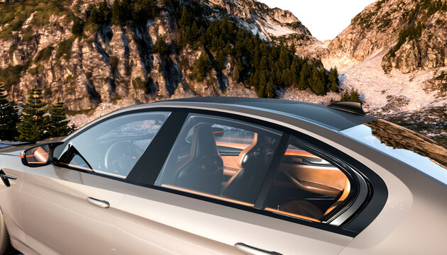 A sleek car parked with snow-capped mountains in the background and sunlit reflections.