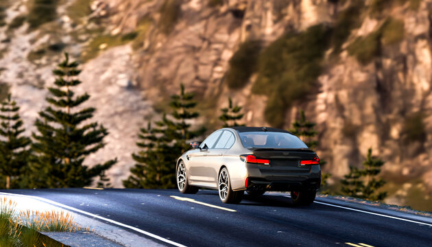Silver car on a mountain road with blurred trees and rocky landscape in the background.