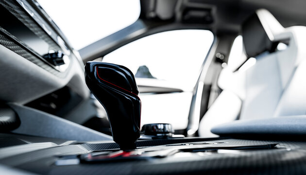 Close-up view of a modern car interior focusing on a sleek gear shift in an elegant design.