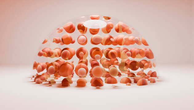 Dome with floating orange spheres on a white background, creating an abstract artistic effect.