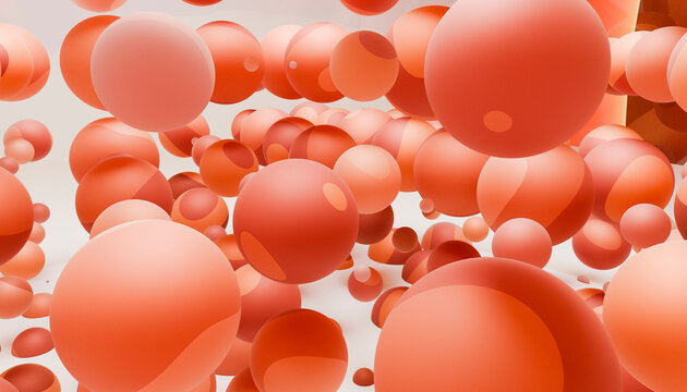 Abstract 3D scene with numerous floating red and orange spheres in various sizes.
