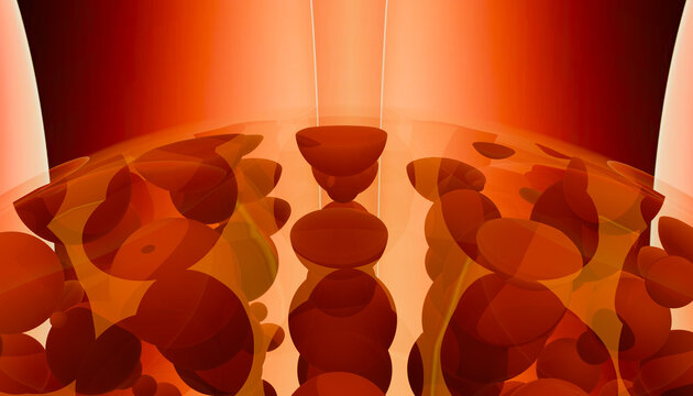 Abstract red and orange geometric pattern with floating circular shapes and a mirrored effect.