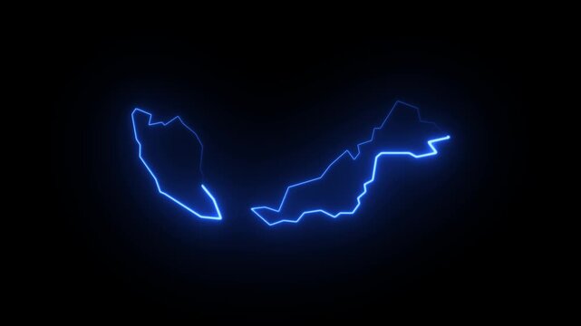 Malaysia map neon light glowing outline stroke on black background footage. seamless loop animation for your design.