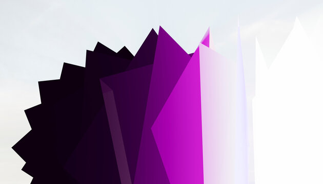 Abstract geometric shapes in vibrant purple and white, overlapping and layered design.