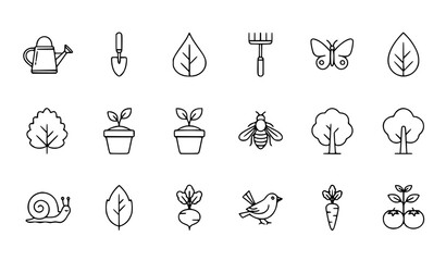 Gardening nature line art icon set with tools plants animals and outdoor elements © Romjan