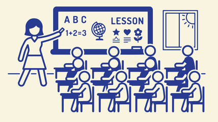 Fototapeta premium School classroom scene with teacher and rows of students line art vector graphic icon set.