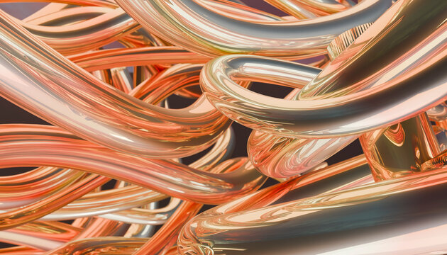 Intricate intertwining tubes with a metallic and reflective surface in shades of gold and silver.