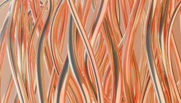 Abstract composition of intertwining metallic strands in shades of copper and silver.