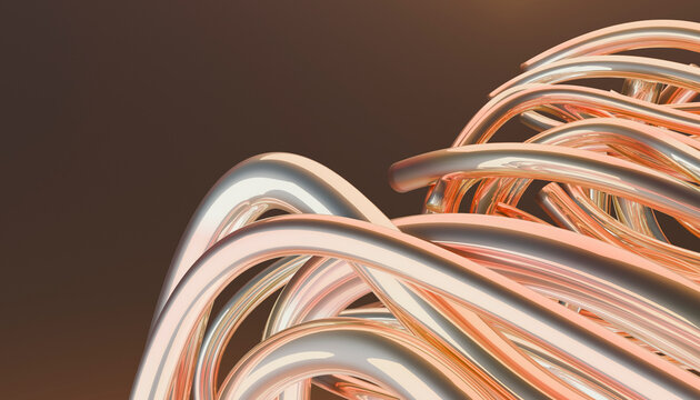 Abstract image of intertwined metallic tubes with a warm color gradient on a dark background.