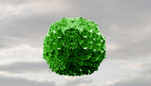 Floating green geometric shape resembling foliage against a cloudy sky.