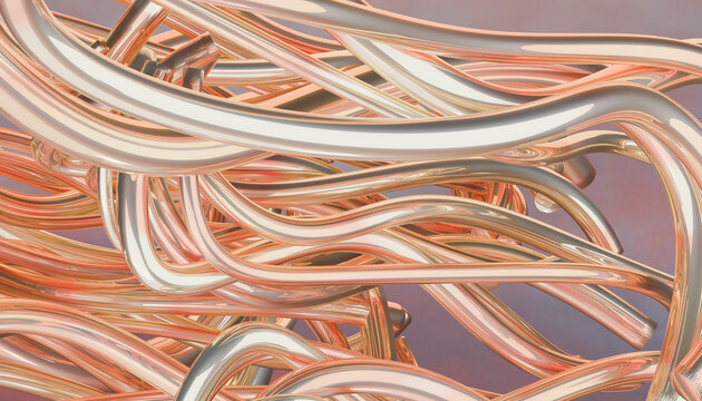 Entangled metallic tubes in shades of copper and silver on a blurred gradient background.