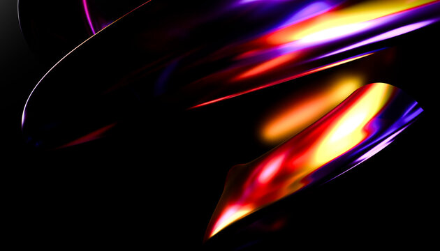 Abstract swirling shapes with vibrant red, yellow, and violet hues on a dark background.