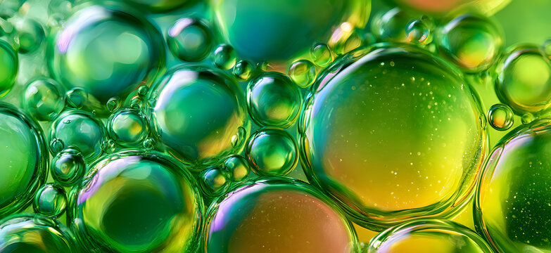 Green oil droplets and bubbles floating in water, producing a natural cosmetic texture, for an abstract wallpaper design