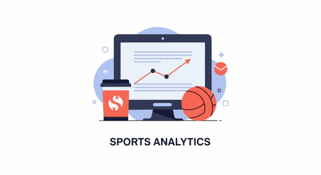 A colorful illustration of sports analytics featuring a computer monitor with a line graph, basketball, and coffee cup