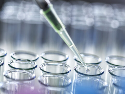 Laboratory pipette dropping liquid into multiple test tubes in a scientific setting.