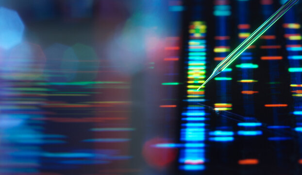 Colorful DNA sequencing data with a pipette tip illuminating genetic analysis process.