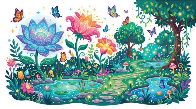 Vibrant surreal dreamscape garden vector illustration with glowing magical flowers, colorful butterflies, serene ponds, and mystical forest path. Whimsical fantasy nature scene.