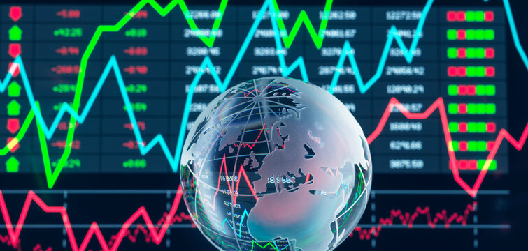 Transparent globe in front of vibrant financial stock market graphs and numbers.