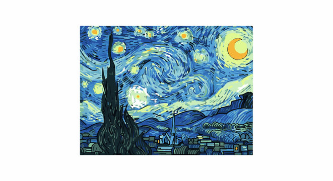 A post-impressionist painting of a dreamy night sky over a quaint village