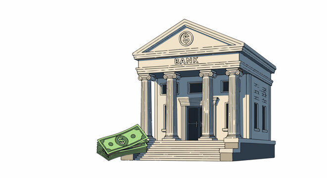 A stylized illustration of a bank building with columns and a stack of money