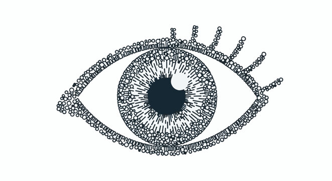 A stylized illustration of a human eye with detailed iris and eyelashes