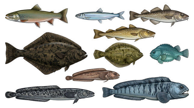 Realistic Arctic fish illustrations featuring cold-water marine species isolated on white background.