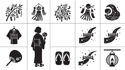 Kimono Dress Silhouette Icon Set in Black and White, Featuring Tanabata Decorations, Lanterns, Wishes, and Starry Sky Elements © skakter24
