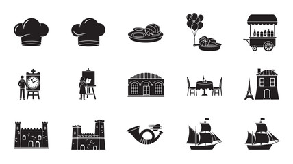 Silhouette Icons Set for Bastille Day Celebration Featuring Chef, Merchant, Bakery Balloons, Eiffel Tower and Ships © skakter24