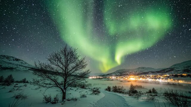 Vibrant green aurora borealis dancing across a starry night sky above a snowy mountain landscape, featuring a silhouette tree, foggy winter valley, and glowing village lights.