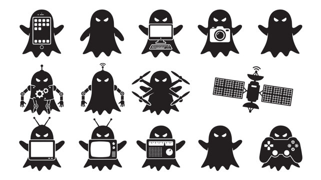 Ghost Silhouette Icon Set with Cute Robot, Camera, Computer, Game Controller and Solar Panel Elements on White Background