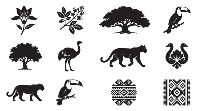 Black Animal Silhouettes, Trees, Toucan and Ostrich Icons with Decorative Geometric Patterns on White Background