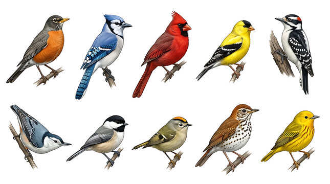 Realistic woodland bird illustrations featuring colorful feathered species isolated on white background.
