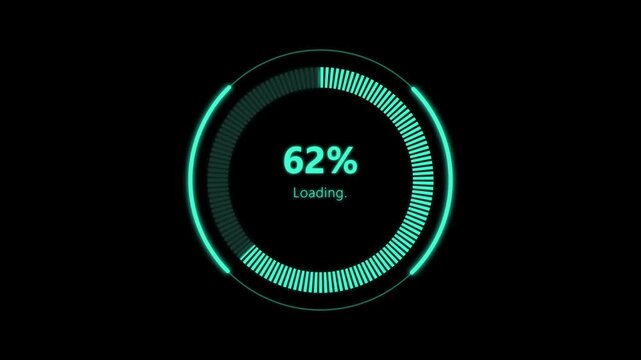Futuristic circular progress indicator bar showing sixty two percent completion on black background
