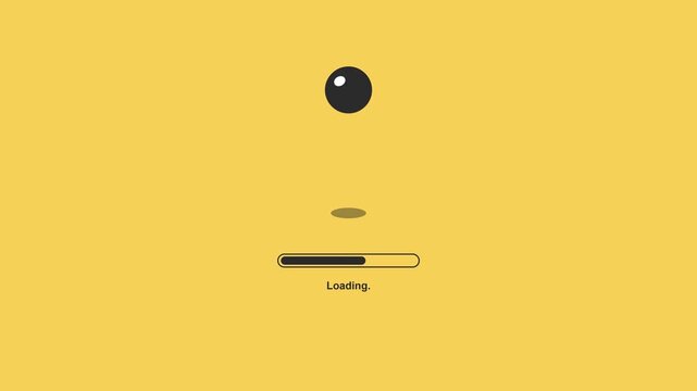 A loading animation with a black circle and bar on a yellow background screen