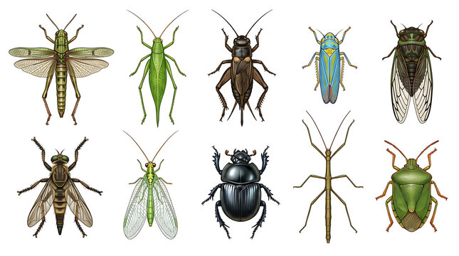 Colored grassland insect icons featuring realistic meadow species isolated on white background for scientific and educational use.