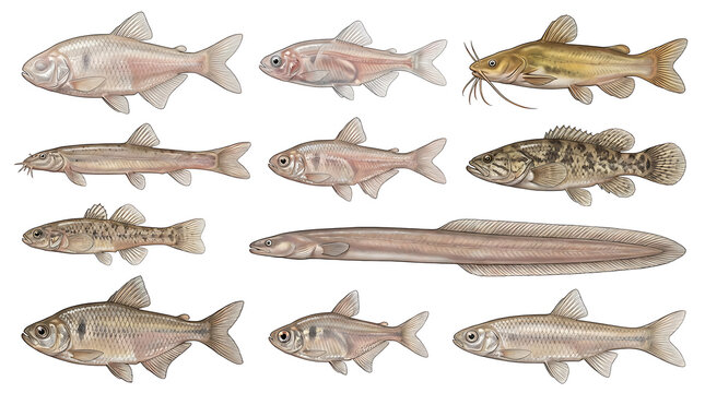 Realistic cave fish illustrations featuring rare subterranean aquatic species isolated on white background.